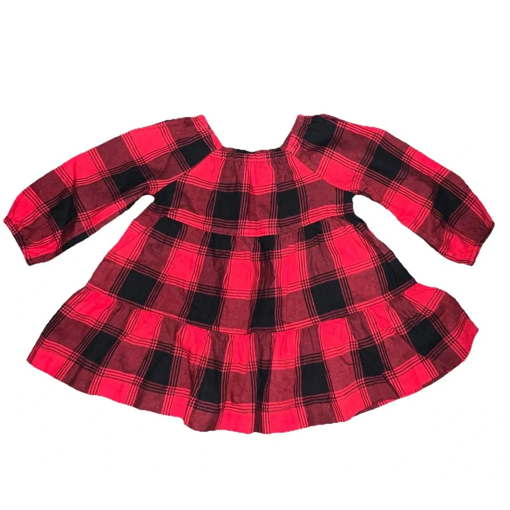 Baby Gap‎ Girls 6-12 Months Red /Black Buffalo Plaid Flannel Ruffle Tiered Dress